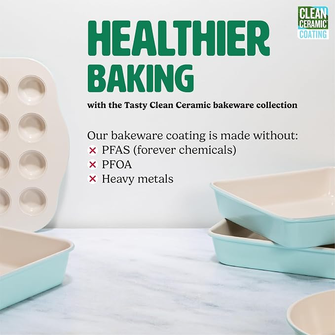Tasty Clean Ceramic Square Cake Pans Set, 2-Pack of 9-Inch Cake Pans, Durable Aluminized Steel for Professional Results, Clean Ceramic Nonstick Coating, Oven Safe to 425°F, Dishwasher Safe, Aqua