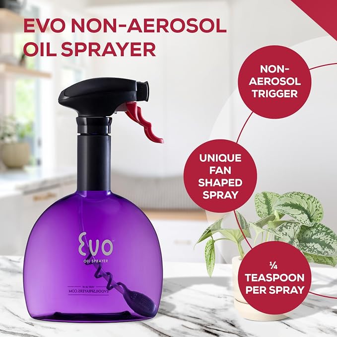 Evo Original Oil Sprayer, Non-Aerosol for Olive Oil, Cooking Oils, and Vinegars, Purple, 24-Ounce Capacity