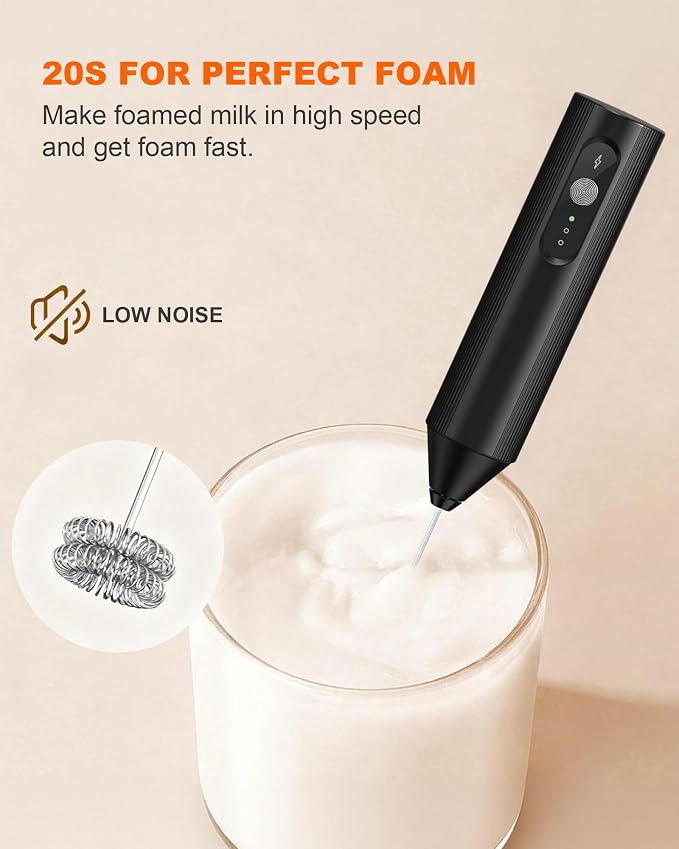 3-Speed Rechargeable Milk Frother Handheld, Black | Dual Coil Whisk, with Cover - Portable Frother for Coffee, Matcha, Cappuccino, Hot Chocolate & Protein Shakes