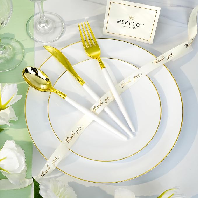 Bestluck 175PCS White Plastic Dinnerware Set, White Plastic Plates for 25 Guests, Include 50 White Gold Plates with 75 Plastic Cutlery, 25 Napkins and 25 Cups