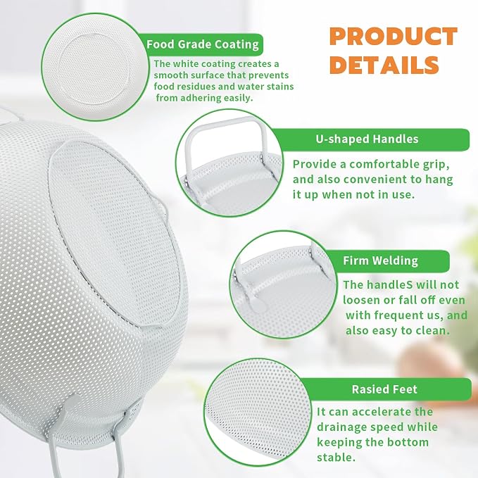 White Stainless Steel Colander Set of 3, Micro-Perforated Metal Kitchen Strainer Set with Handles & Feet for Draining Pasta, Rice, Vegetables - Heavy Duty Decorative Colanders (2, 3, 5 Quart)