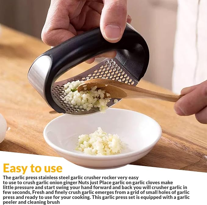 Garlic Press - Dishwasher Steel Safe Garlic Mincer Crusher with Peeler, Brush
