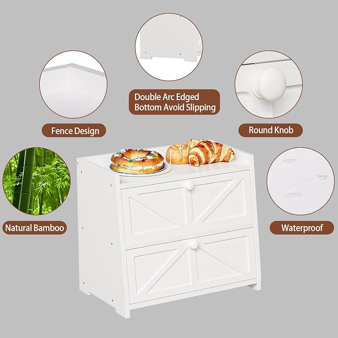 Trironsun Vintage Double Layer Bread Box for Kitchen Counter Bamboo Bread Storage Container Large Capacity Bread Storage Bin (White)
