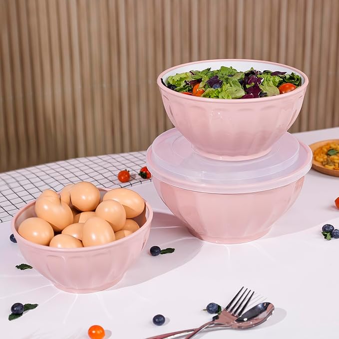 BoxedHome Mixing Bowls with Lids Set, 8 pieces Large 0.2” Thick Plastic Nesting Mixing Bowl, Microwave Safe,Size 5.92, 4.12,3.06,1.80 Quart, Pink