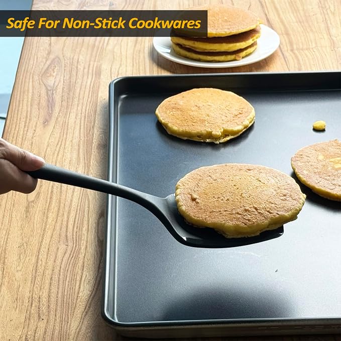 Silicone Pancake Spatula Turner with Lengthened Handle& Seamless Design, Heat Resistant Slotted Flipper for Nonstick Cookware, Large Flexible Kitchen Utensils for Egg, Pancake, Burger, Slotted Black