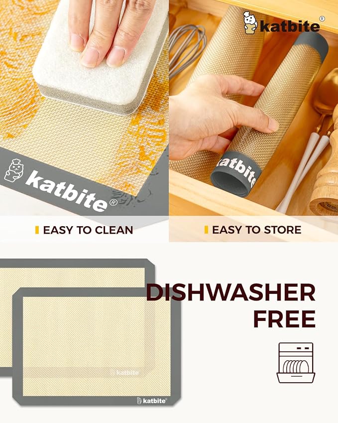 Katbite Silicone Baking Mat Set of 3 Grey | 2 Half Sheets Mats + 1 Quarter Baking Sheet, Reusable & Nonstick Bakeware Mats for Cookies, Macarons, Bread