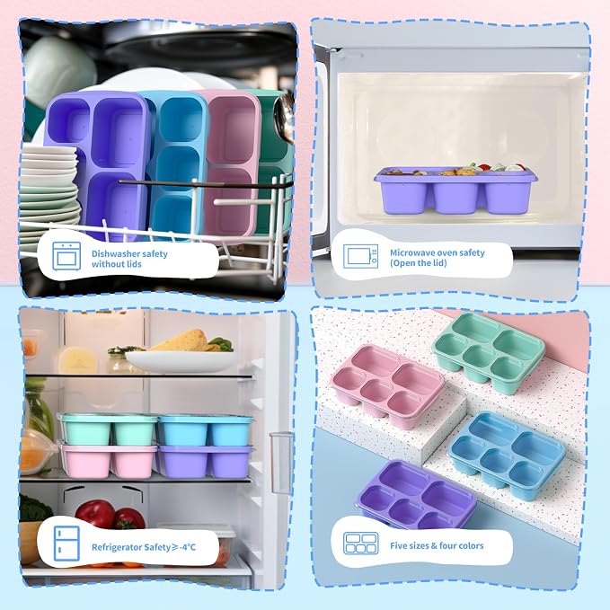 Bento Box Adult Lunch Box - 4 Pack, 5 - Compartment Meal Prep Container for Kids, Reusable Food Storage Snack Containers - Stackable for School, Work, and Travel (PP(Blue/Pink/Green/Purple))