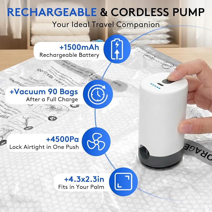 18 Packs Vacuum Bags for Travel with Rechargeable Pump, 3 Sizes Vacuum Seal Bags for Clothing, Compression Vacuum Travel Bags for Luggage, Vacuum Packing Bags for Closet Organization