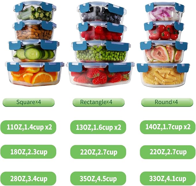 HOMBERKING 24pc Glass Food Storage Containers with Lids, Glass Meal Prep Containers, Airtight Bento Boxes, BPA Free & Leak Proof, Pantry Kitchen Storage(12 lids & 12 Containers) - Deep Blue