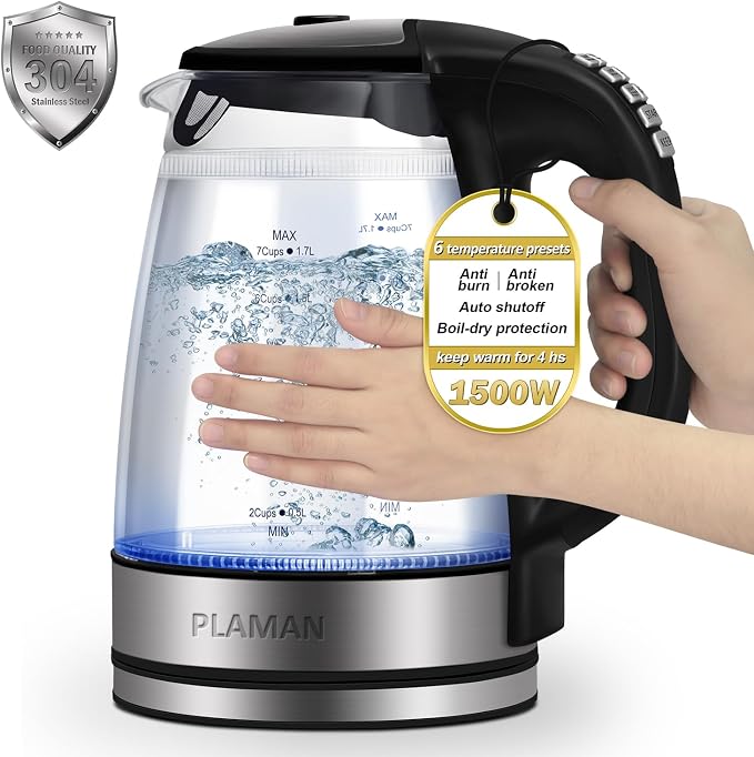 Cool Touch Electric Kettle with 6 Temp Presets for Tea/Coffee | 4H Keep Warm, Borosilicate Glass Inner Wall and PC Outer Wall, BPA free, 1.7L 1500W Fast Boil for Home/Office