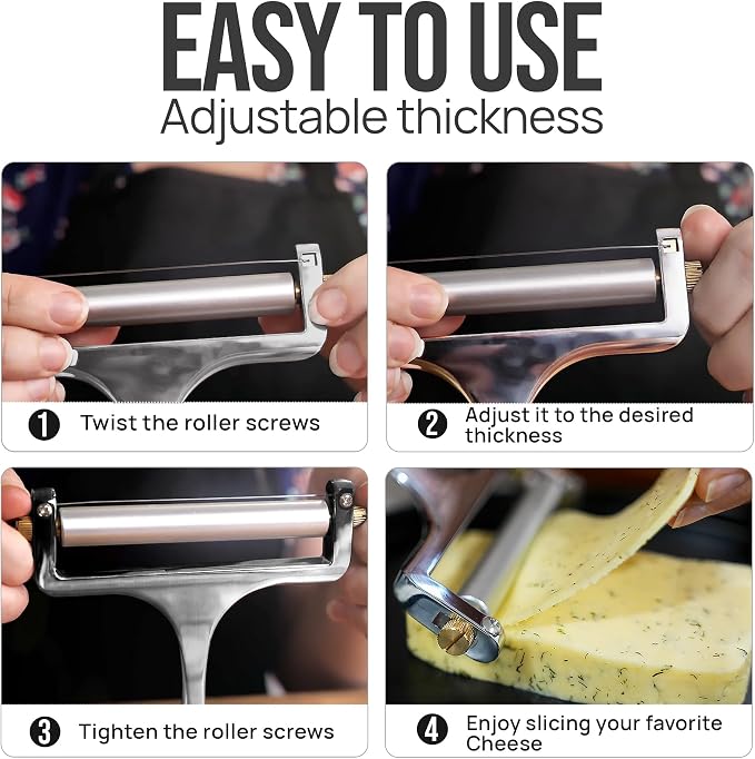 Zulay Kitchen Stainless Steel Wire Cheese Slicer - Adjustable Hand Held Cheese Cutter with 2 Extra Wires - Premium Cheese Knife for Mozzarella, Cheddar, Gruyere - Cheese Cutter with Wire (Silver)