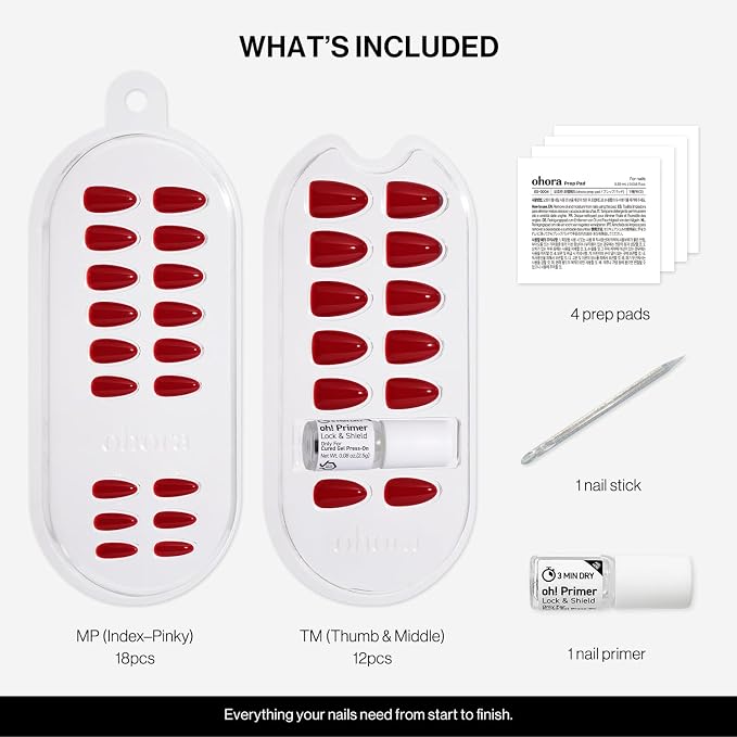 ohora Gel Press On Nails | Red, Solid, Medium Oval | Classic Red | Salon-Quality, 100% Real Gel, No UV Lamp, No Glue, Non-Toxic | 15 Sizes, 30 Tips | Long Lasting press ons, K beauty nails