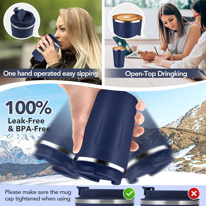 Volhoply 12 oz Double Wall Insulated Vacuum Travel Coffee Mugs with Flip Lid Bulk 2 Pack,Reusable Stainless Steel Leak Proof Coffee Cup,Portable Cafe Thermal Tumbler for Hot & Cold Drinks(Navy,2 Set)