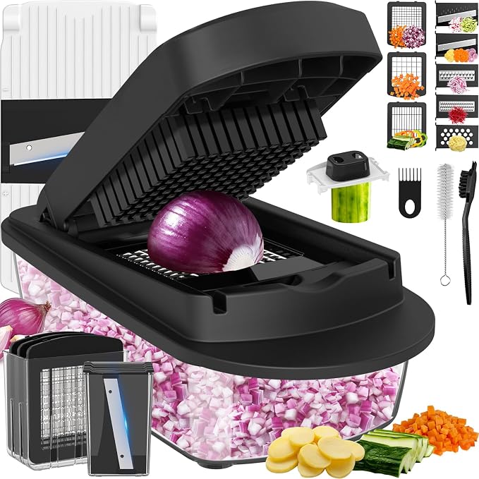 8 Blade All-in-1 Vegetable Chopper Mandoline Slicer with Container, Black | Food Chopper, Onion Chopper, Veggie Cutter for Salad, Kitchen Gadgets Accessories Essentials