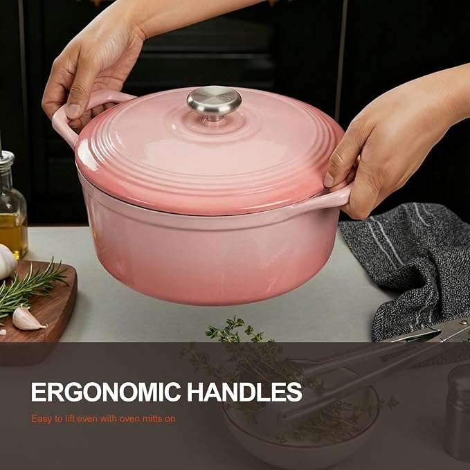 Overmont Enameled Cast Iron Dutch Oven - 5.5QT Pot with Wide Handles Lid Cookbook & Cotton Potholders - Heavy-Duty Pre-Seasoned Cookware Oven Safe to 500°F for Braising, Stews, Roasting, Sourdough Baking