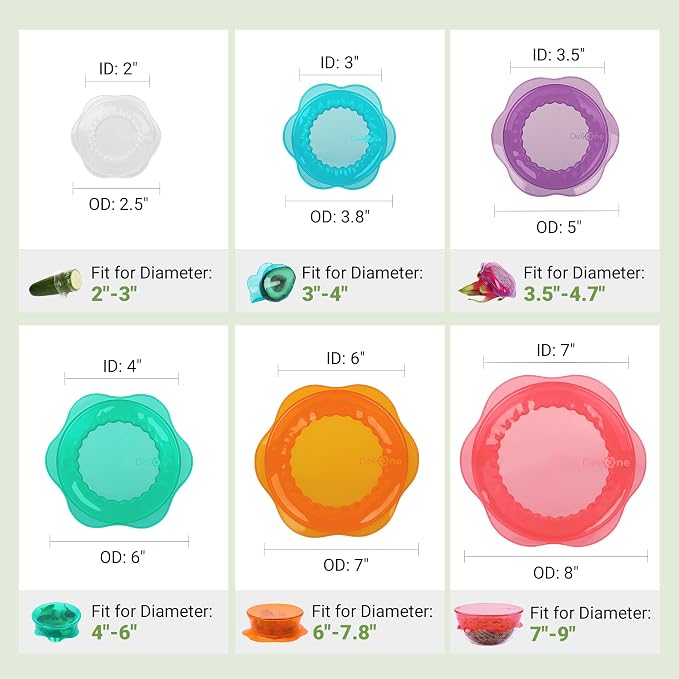 Silicone Stretch Lids for Food Storage in Fridge, Reusable Elastic Bowl Covers for Cup, Cans, Jars, Round & Rectangle Container, Food Grade Silicone Microwave Food Cover, 12 PCS, Multicolor