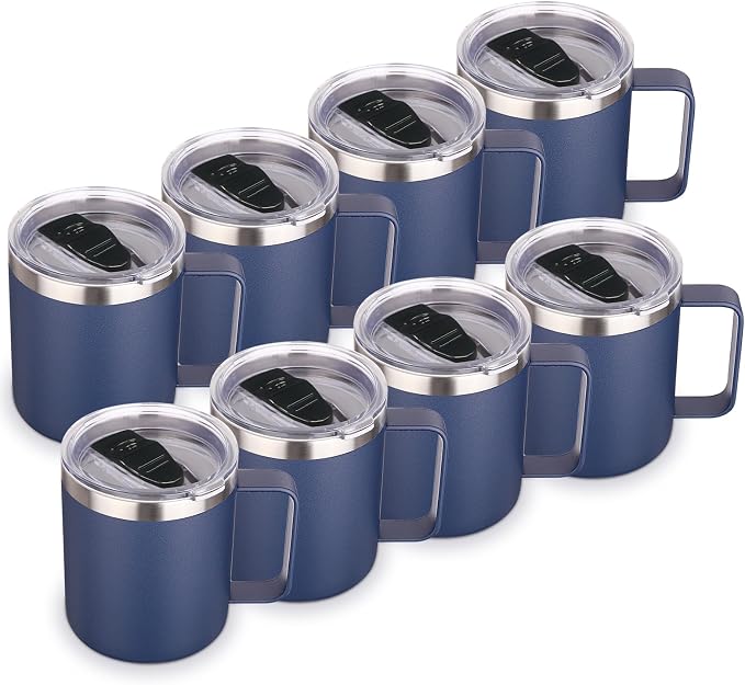 Volhoply 14oz Insulated Stainless Steel Coffee Mug with Lid Bulk 8 Pack,Double Wall Vacuum Travel Coffee Cup with Handle,Reusable Metal Cups Tumbler,Camping Mugs Keep Hot,Ideal Gifts(Navy,8)