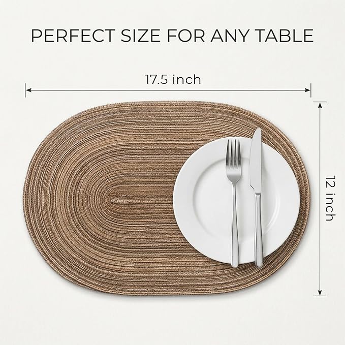 Placemats Set of 4, Woven Oval Braided Dining Table Mats(Brown) | 12 x 17.5 Inch Size Fits Plates and Flatware; Hand Washable and Heat Resistant for Kitchen Use, with Farmhouse and Boho Style