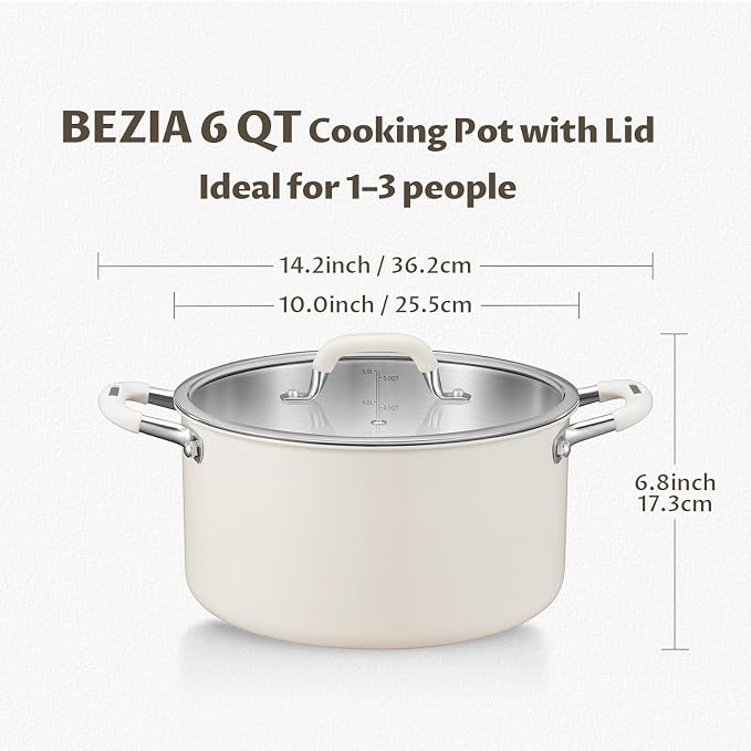 BEZIA 6QT Fully Clad 3-Ply Stainless Steel Stock Pot with Lid, Cooking Pot | Cool-Touch Silicone Handles, Premium Heat Retention & Durability, Oven & Dishwasher Safe, Induction Ready, for Quick Meals