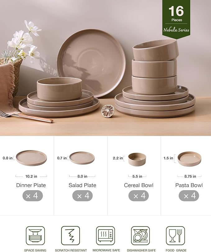 Famiware Nebula 16-Piece Dinnerware Set with Pasta Bowls, Cinnamon Brown | Stoneware Plates and Bowls, Service for 4 - Chip & Scratch Resistant, Microwave & Dishwasher Safe