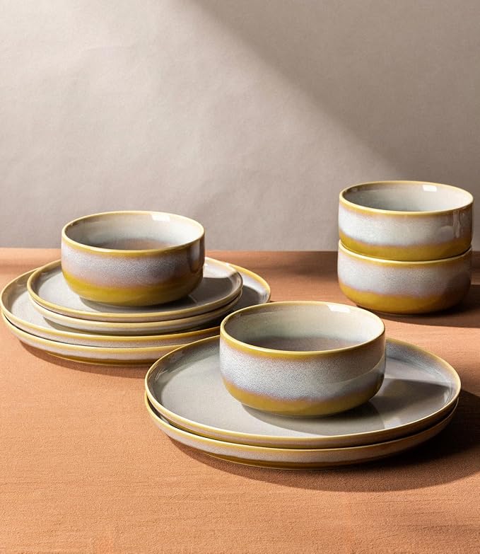 Ceramic Dinnerware Set for 6, 18-Piece Plates and Bowls Set | Handmade Reactive Glaze Dish Set, Scratch Resistant, Oven & Microwave & Dishwasher Safe, Autumn Haze