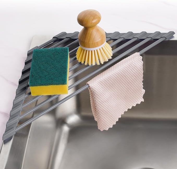 Tomorotec Roll Up Dish Drying Rack with Silicone Coating, Deep Gray | 304 Stainless Steel with BPA-Free Silicone, Triangle Design Maximizes Sink Corner Space, Fits Compact Kitchens And RVs