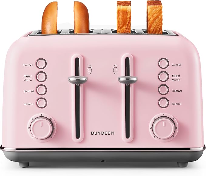 BUYDEEM DT640 4-Slice Toaster, 7 Shade Settings, Extra Wide 1.5’’ Slots for Bagel & English Muffin, 6 Toasting Functions, Retro Stainless Steel Toaster with High Lift Lever, 1800W, Pink