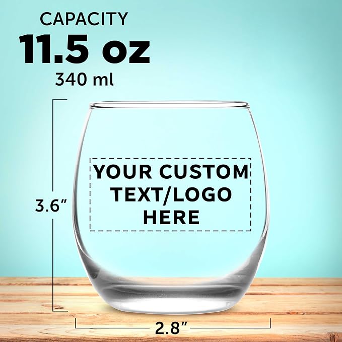 Custom Mikonos Stemless Wine Glasses 11.5 oz. Set of 10/50/100, Personalized Bulk Pack - Restaurant Glassware, Perfect for Red Wine, White Wine, Cocktails - Clear