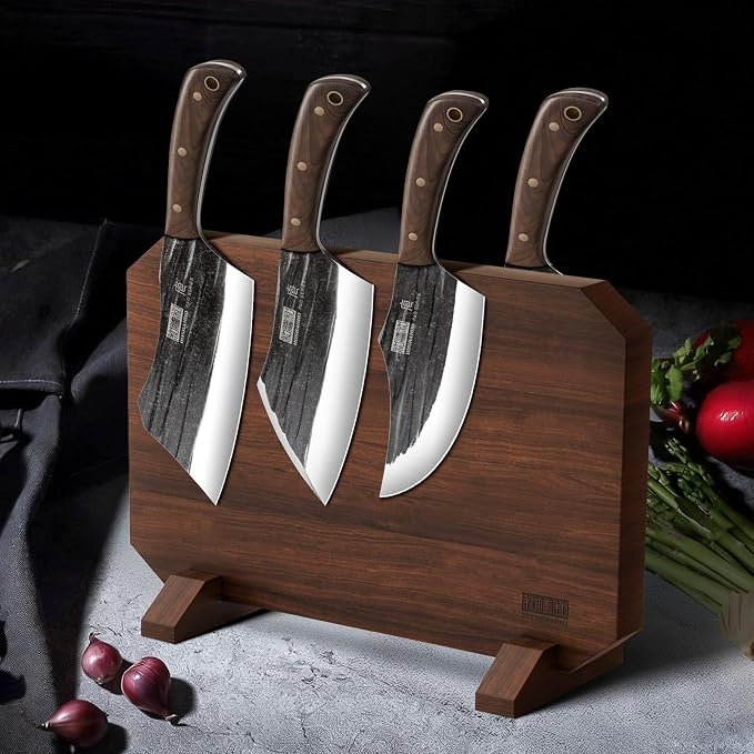HOSHANHO 8PCS Butcher Kitchen Knife Set, Sharp Magnetic Knife Block Set | Hand Forged High Carbon Stainless Steel Chef Knives Set with Meat Cleaver Knife & Bone Chopper Knives Gift for Men