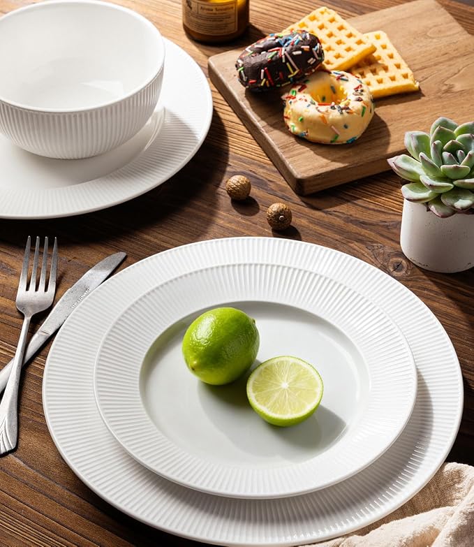 Ceramic Dinnerware Set for 4, 12-Piece Plates and Bowls Set | Lightweight Porcelain Dish Set, Scratch Resistant, Oven & Microwave & Dishwasher Safe, Bright White