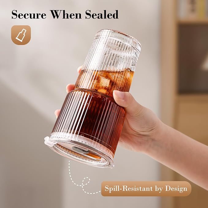 20oz Iced Coffee Cups with Lids, Ribbed Glass Cups with Lids and Straws | Thick Reusable Glass, Leak-Resistant Lids, Fits Most Car Cup Holders, For Iced Coffee, Tea, Smoothies and Cold Drinks