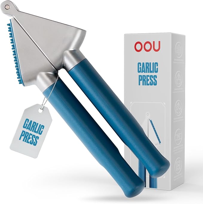 OOU Garlic Press, Stainless Steel Garlic Mincer with Premium Zinc Alloy Construction, Easy-Squeeze Ergonomic TPE Non-Slip Grip Handles, Reverse Cleaning Bumps and Dishwasher Safe Design, Blue