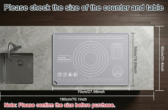 Silicone Pastry Mat 28" x 20" Extra Thick Silicone Baking Mat with Measurements and Edge Heightening Non-stick Food Grade Dough Rolling Mat Kneading Sheet for Pastry, Bread, Cookies (Light Gray)