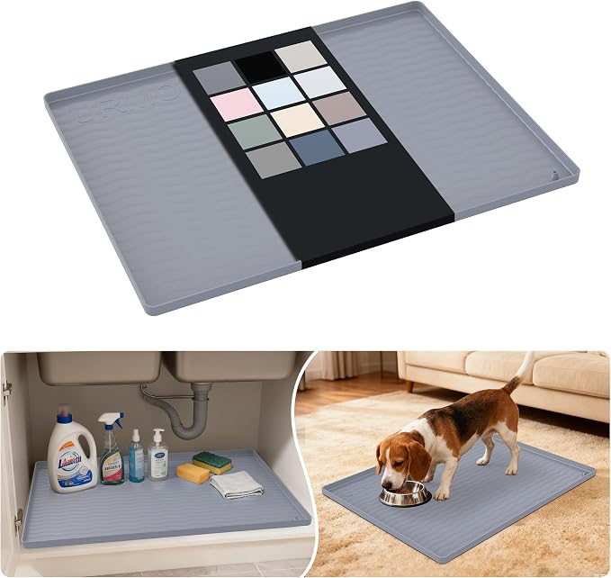 URMONA Waterproof Silicone Under Sink Mat 25'' x 19'' Shelf Liner for Kitchen and Bathroom, Cabinet and Counter Protector, Storage and Organizers, Litter Mat, Pet Cat Puppy Essentials(Light Grey)