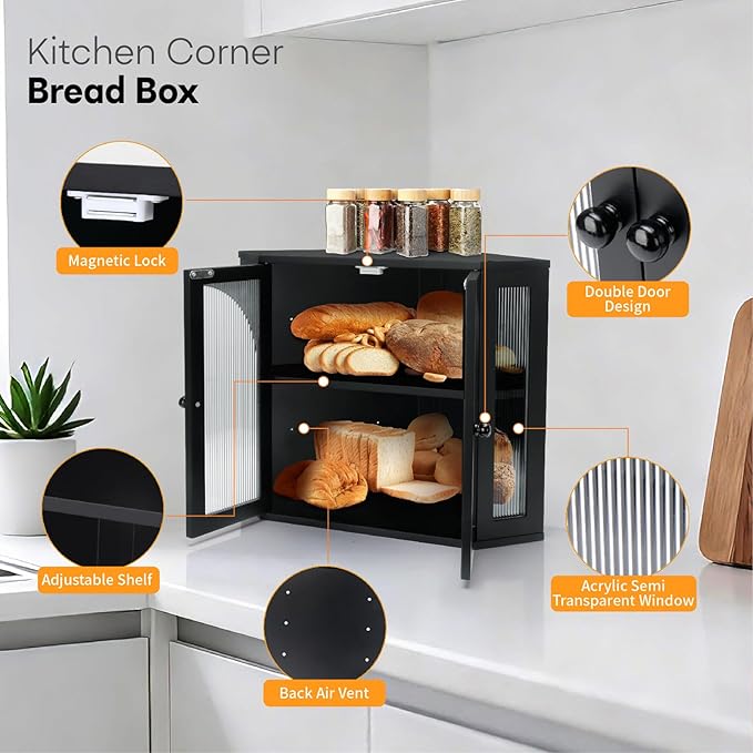 Corner Bread Box for Kitchen Countertop,Double Layer Bread Holder | 3 Adjustable Height, Large Capacity, Magnetic Acrylic Door, Bamboo Bread Storage Container for Homemade Bread, Black