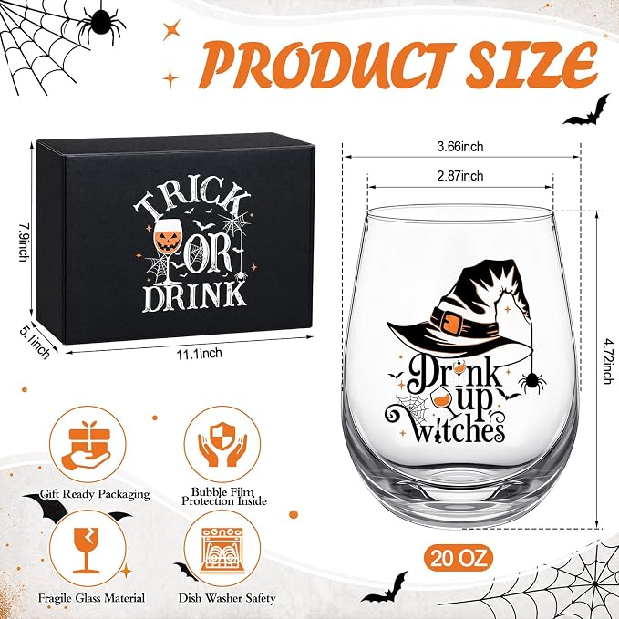 Qinyoung 7 Pcs Halloween Wine Glasses Pumpkin Witch Ghost | with Gift Box, Stemless, Funny Quotes on Glasses, Spider Bat Prints, Home Bar, Entertaining
