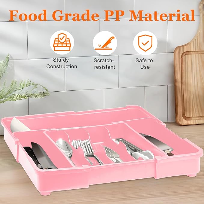 Silverware Organizer - Expandable Silverware Drawer Organizer, Adjustable Drawer Organizer, Silverware Tray for Drawer 15.2"x 19" Utensil Drawer Organizer, Kitchen Organizers Storage, Pink