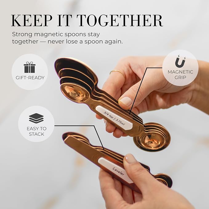 Styled Settings Copper Measuring Spoons Set with Leveler, 8-Piece | Double-Sided Nesting Magnetic Measuring Spoons, Stackable & Spice Jar Friendly -Stylish Copper Kitchen Accessories for Baking