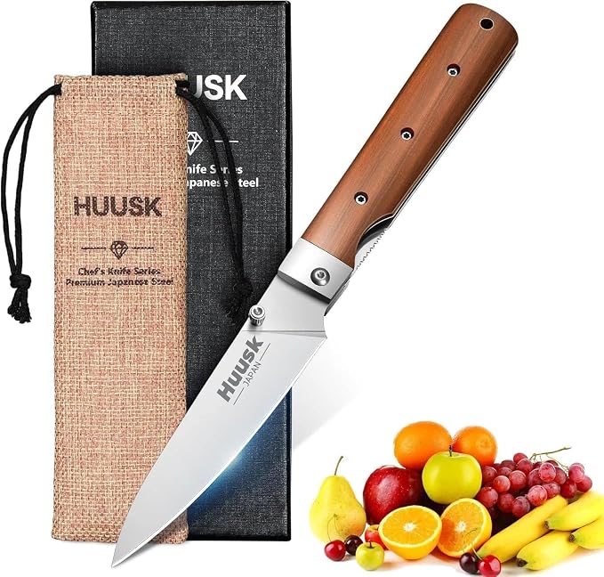 Huusk Japanese Folding Fruit Knife - Pocket Paring Knives | 440C Stainless Steel, Ultra Sharp Blade, Wooden Handle, Gift Box, Portable Kitchen Knives