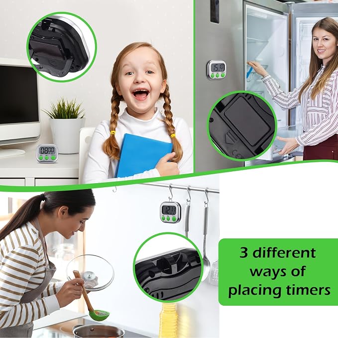 Leumoi 24 Pack Multi-Function Digital Timers with Magnetic Back, Large LCD Display, Loud Alarm, Count up & Countdown, Memory Function for Cooking, Classroom, Study, Exercise & Work(Sliver and Green)