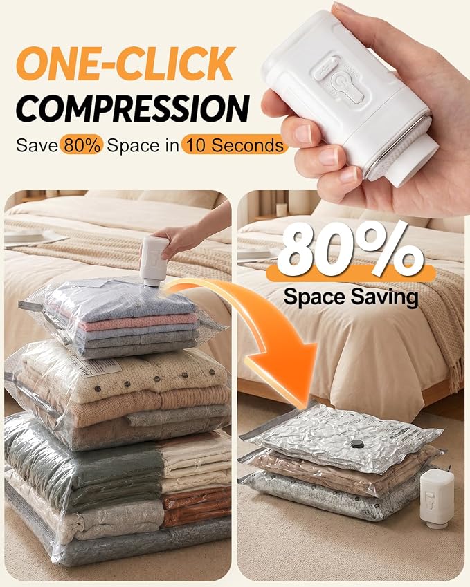 Vacuum Storage Bags with Rechargeable Cordless Pump, 15 Pack Vacuum Seal Bags for Clothing Travel, Space Saver for Clothes, Bedding, Pillows, Seasonal Storage