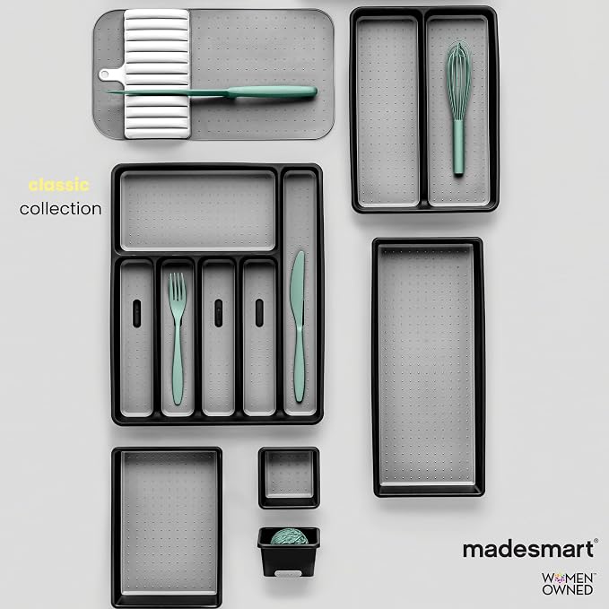 madesmart Classic 3 Compartment Utensil Tray, Carbon | non slip feet, rounded corners, soft grip lining, wide channels, spatulas whisks tongs, ladles serving spoons, woman owned