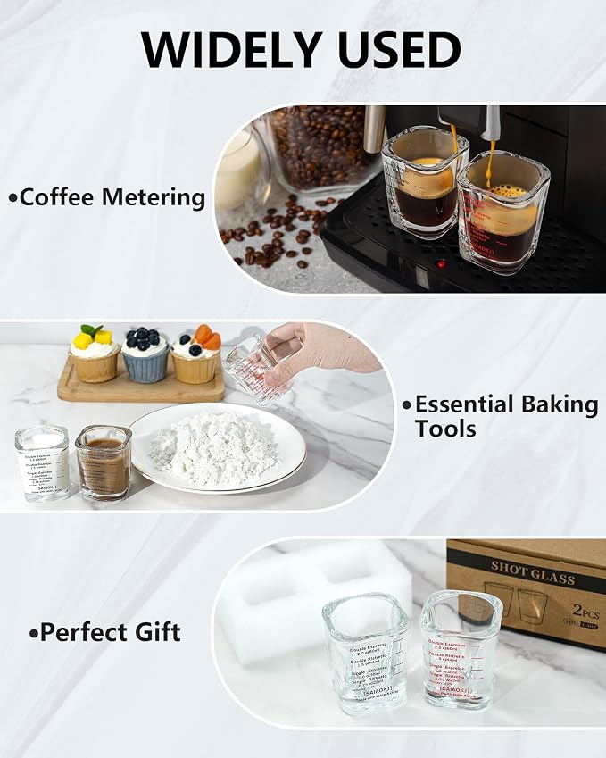 Shot Glass Measuring Cup Set, 2 Pack 2 Oz Square Espresso Glasses (Black) | Square glass measuring cups feature oz, ml, tsp and tbsp markings for espresso, liquor, medicine, desserts and recipes
