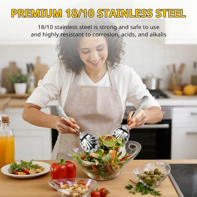 Serving Spoons 4Pack, Hammered Serving Spoons for Buffet 18/10 Stainless Steel Large Serving Spoons Set, Scalloped Design Serving Utensils for Party Catering Dinner Banquet Cooking(Silver)