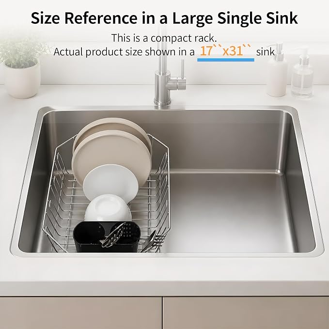 Small in Sink Dish Drying Rack - Stainless Steel Compact Inside Sink Dish Drainer for RV Kitchen Apartment Sink, Rust Resistant Kitchen Organizer for Plates, Bowls in Sink, 11.6" W x 13.4" L, Silver