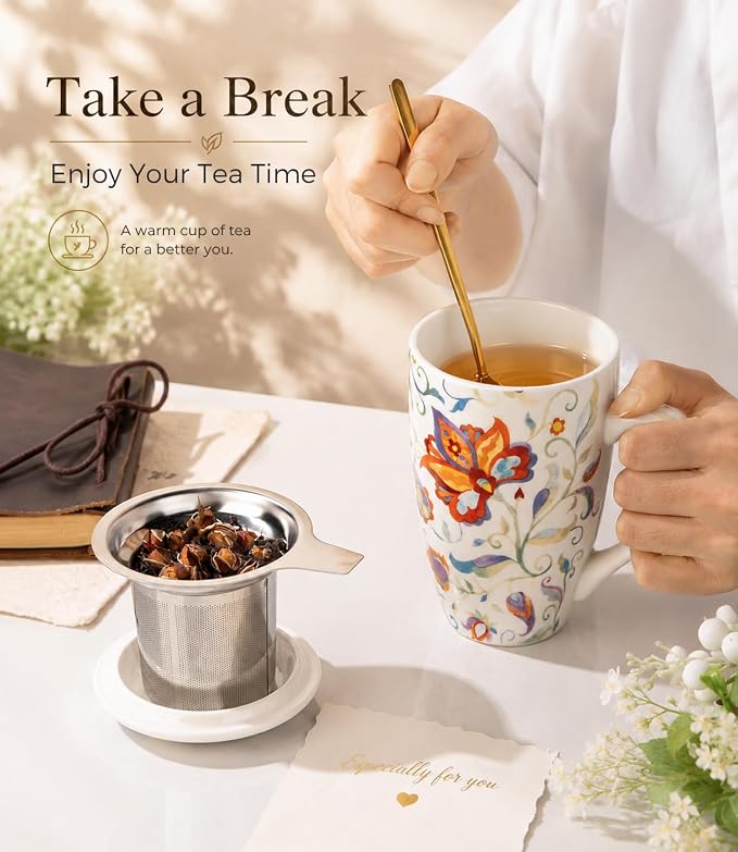 GBhome Tea Mug with Infuser and Lid,18 Ounce Ceramic Loose Leaf Cup Steeper | Lead-Free Glaze For Tea Lovers,Microwave & Dishwasher Safe with Tea Strainer