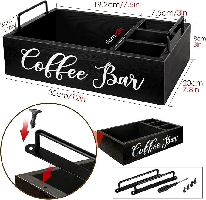 MINCORD Coffee Station Organizer for Countertop | Wooden Coffee Bar Holder Accessories Farmhouse Kcup Pod Storage Basket with Handle - Black