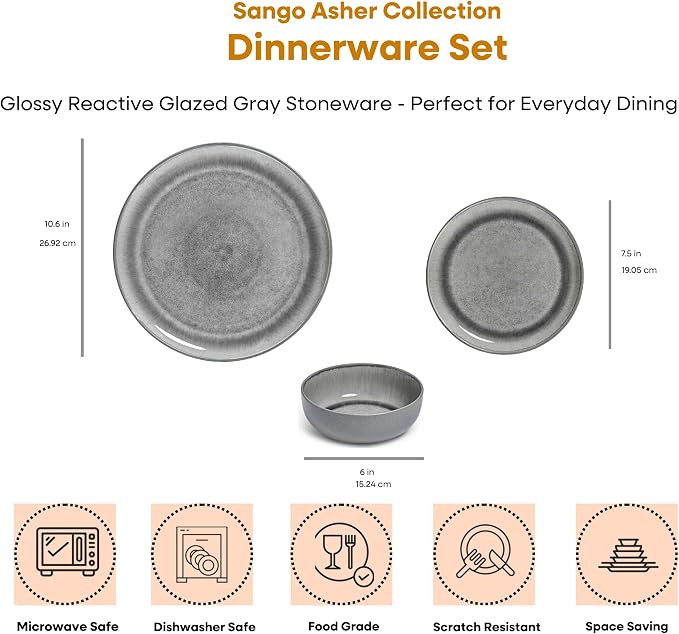 Sango Asher 12-Piece Stoneware Dinnerware Set for 4, Grey Ceramic Plates and Bowls Sets, Modern Dish Set with Reactive Glaze, Durable Kitchen Dishes for Casual Dining, Microwave & Dishwasher Safe