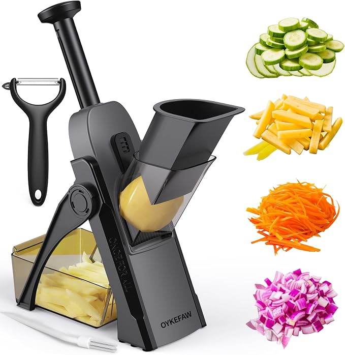 Safe Mandoline Slicer for Kitchen, 5 in 1 Vegetable Food Chopper for Potato | Potato Slicer, French Fry Cutter, Food Chopper, Adjustable Thickness 0.1-8 mm, Fast Meal Prep, with Peeler/Cleaning Brush