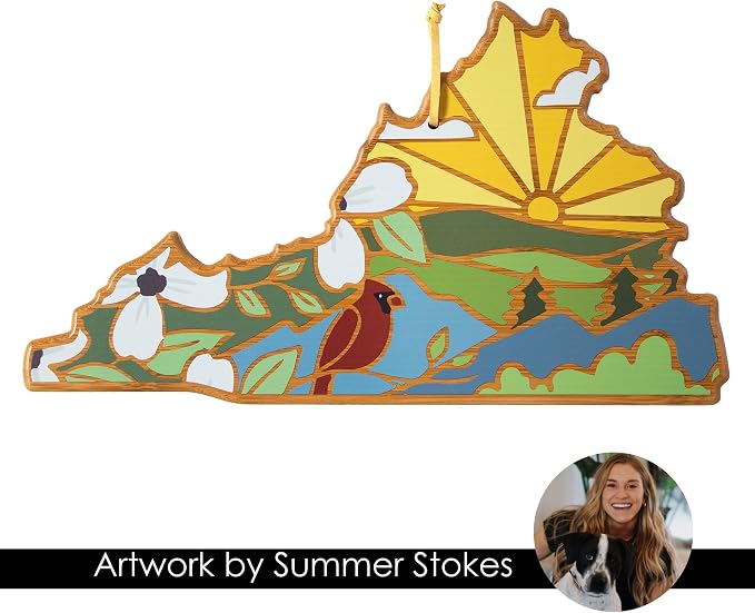 Totally Bamboo Virginia State Shaped Cutting Board, Summer Stokes Art | State charcuterie board with colorful hand-drawn landscape art. Smooth reverse side for food prep. Hang tie for wall display.